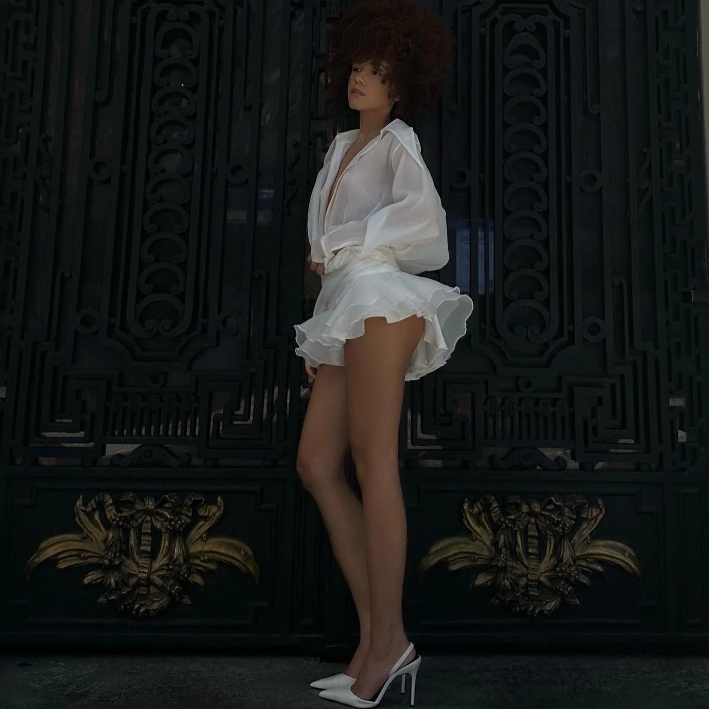 Pleated Shirt Mini Dress with Floral Belt - White Organza