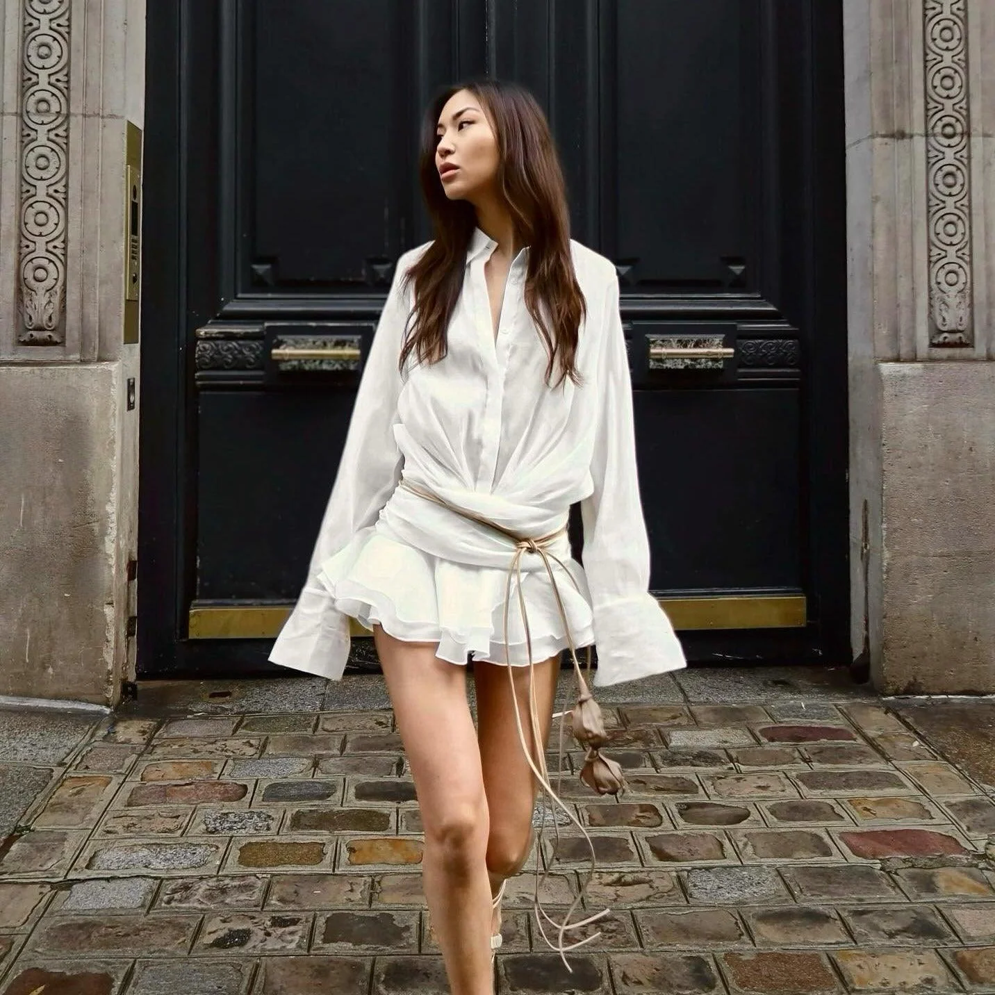 Pleated Shirt Mini Dress with Floral Belt - White Organza