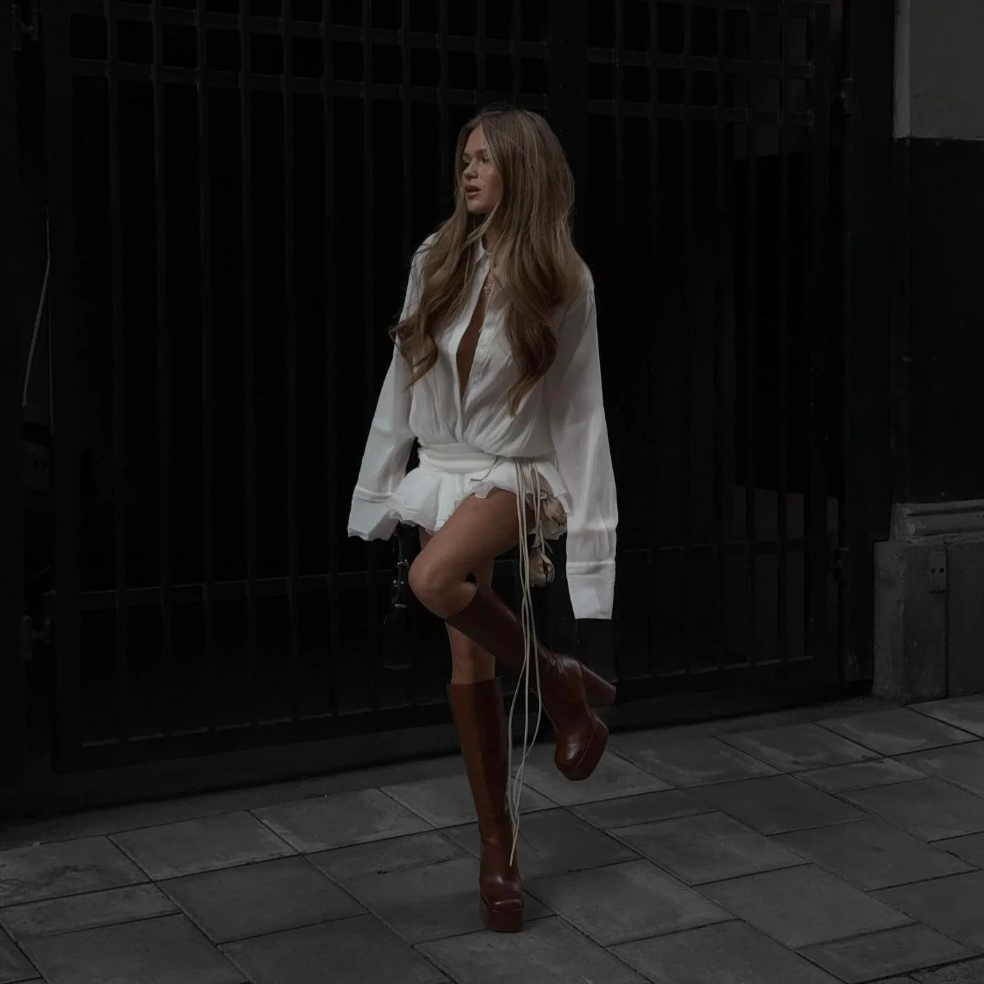 Pleated Shirt Mini Dress with Floral Belt - White Organza