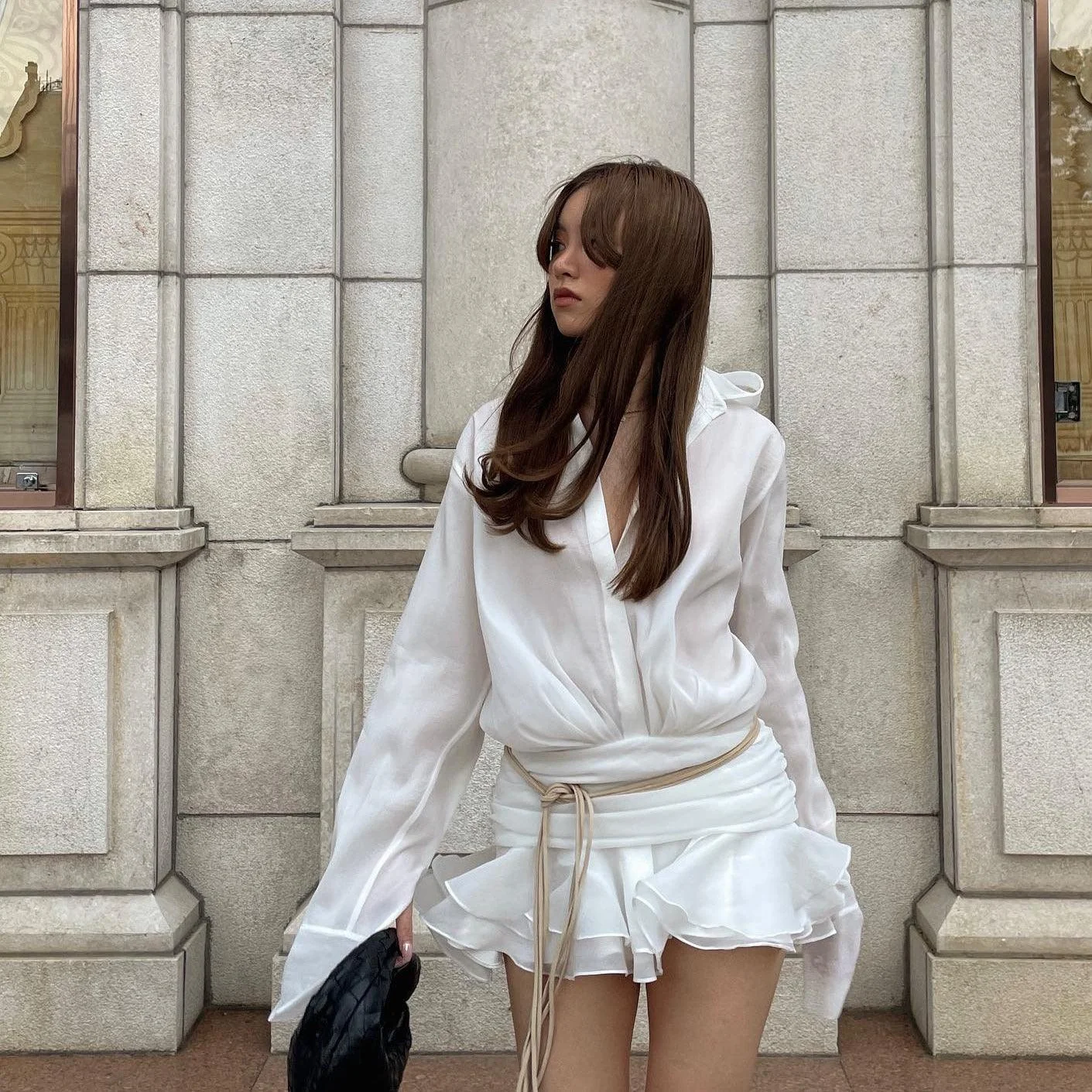 Pleated Shirt Mini Dress with Floral Belt - White Organza