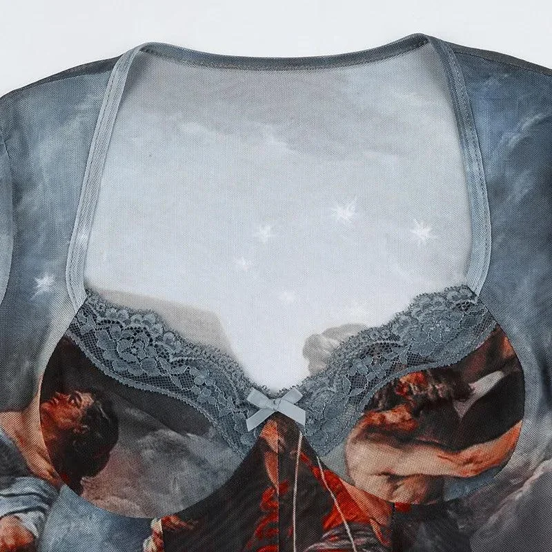 Vintage Lace Mesh Bodysuit in Light Blue - Stylish & Elegant