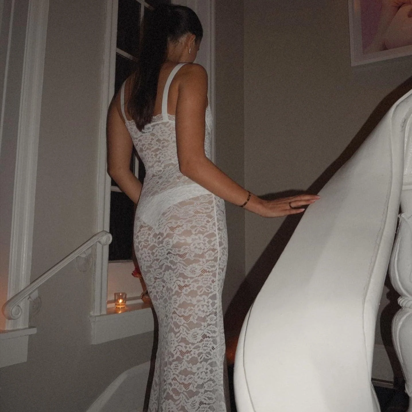 Elegant Sheer Lace Maxi Dress in White and Black