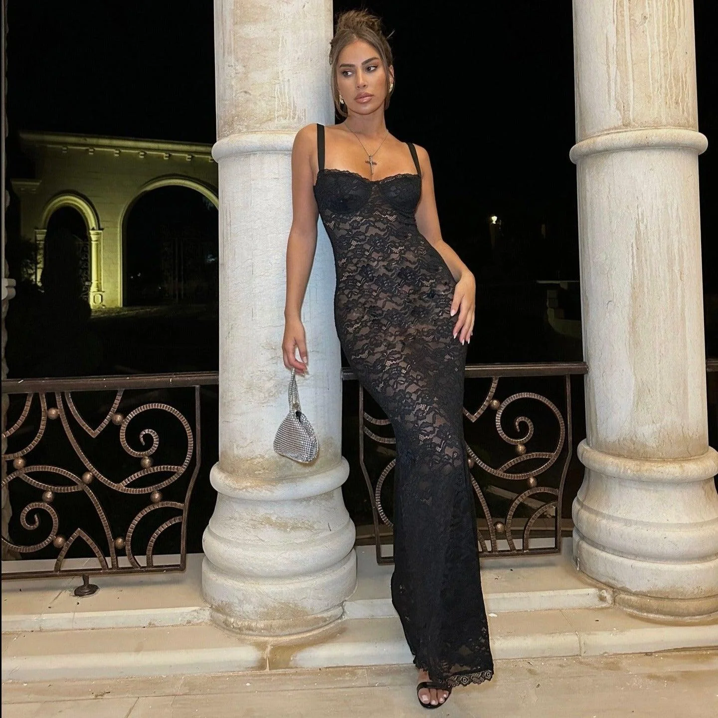 Elegant Sheer Lace Maxi Dress in White and Black