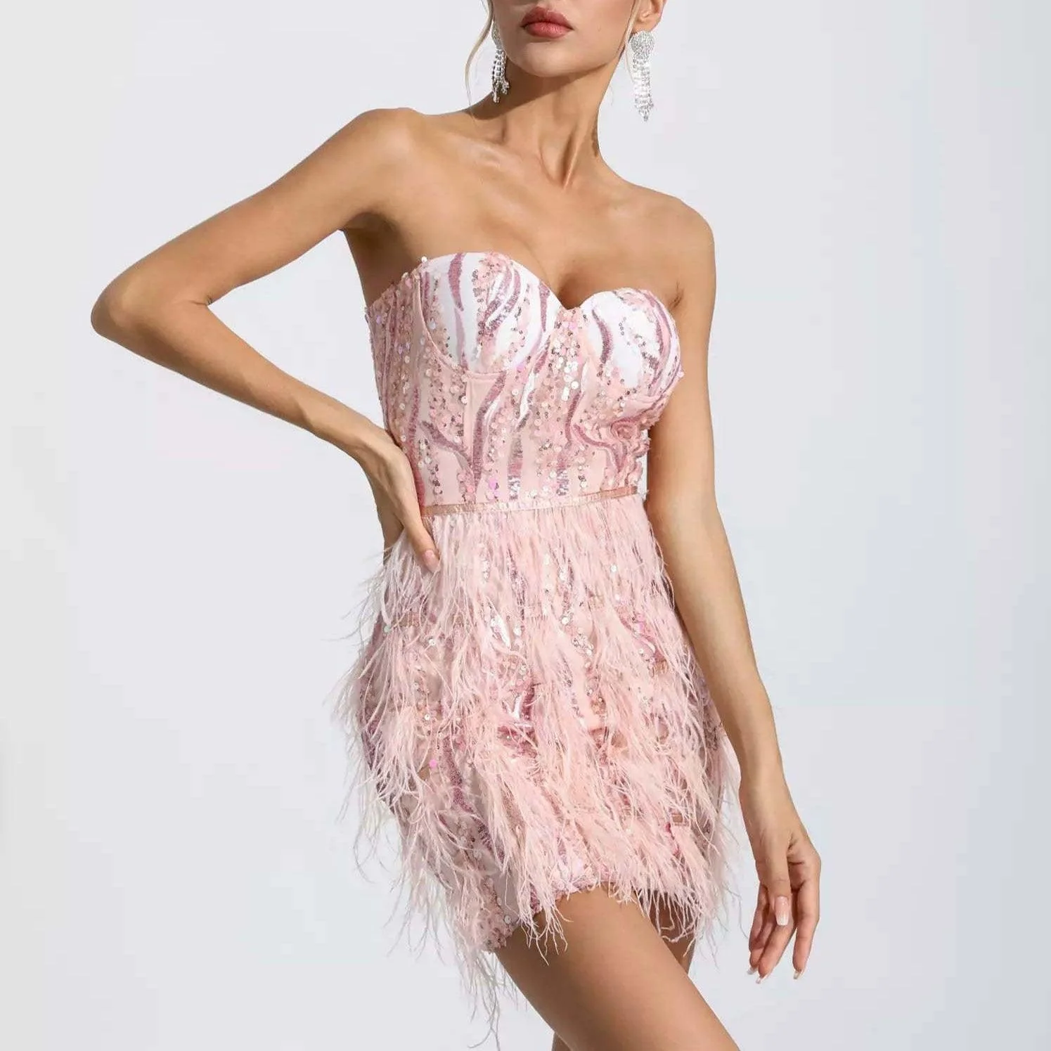 Sparkling Sequin Feather Fringe Mini Dress - Glamorous Pink