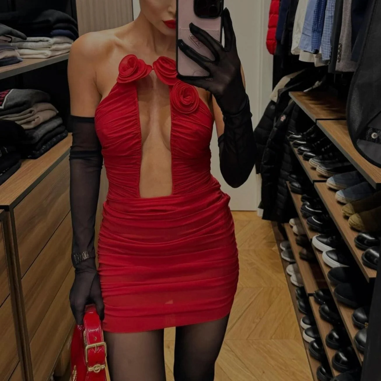 Floral Ruched Red Mini Dress - Elegant Draped Design