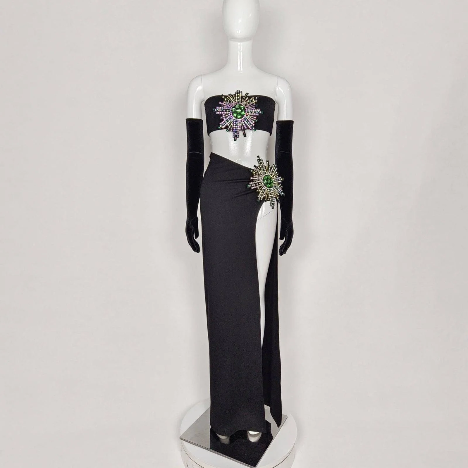 Rhinestone Black Skirt Set with Matching Gloves