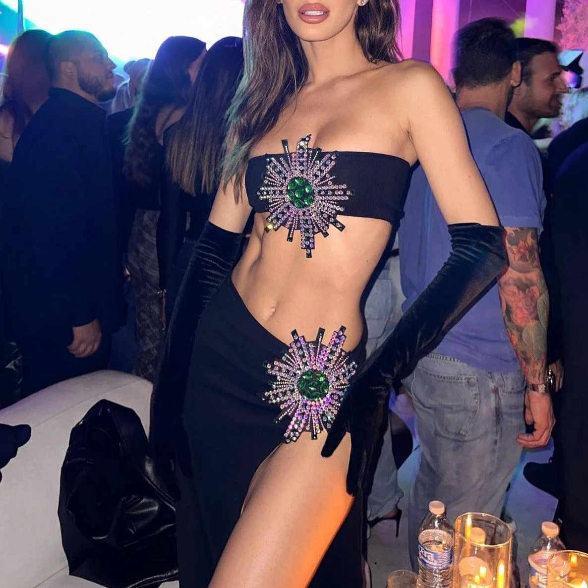 Rhinestone Black Skirt Set with Matching Gloves