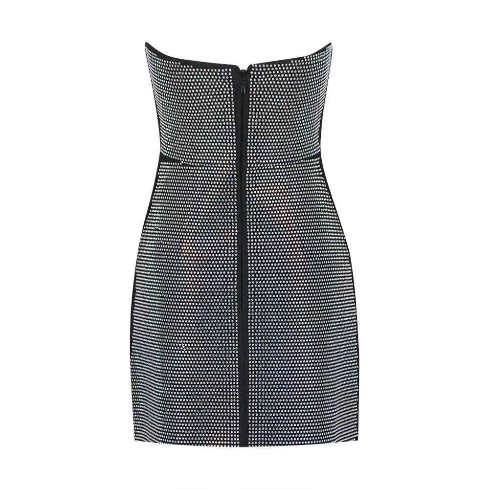 Sparkling Black Rhinestone Mini Bodycon Dress