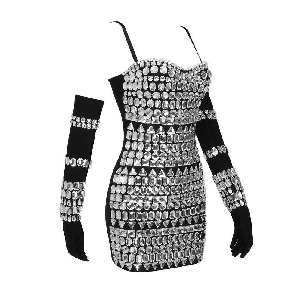 Crystal Embellished Mini Dress with Gloves
