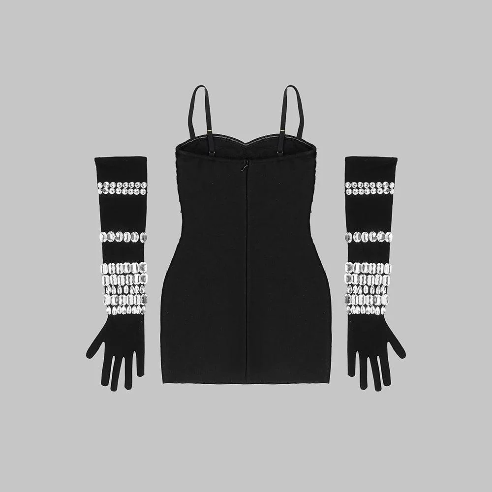 Crystal Embellished Mini Dress with Gloves
