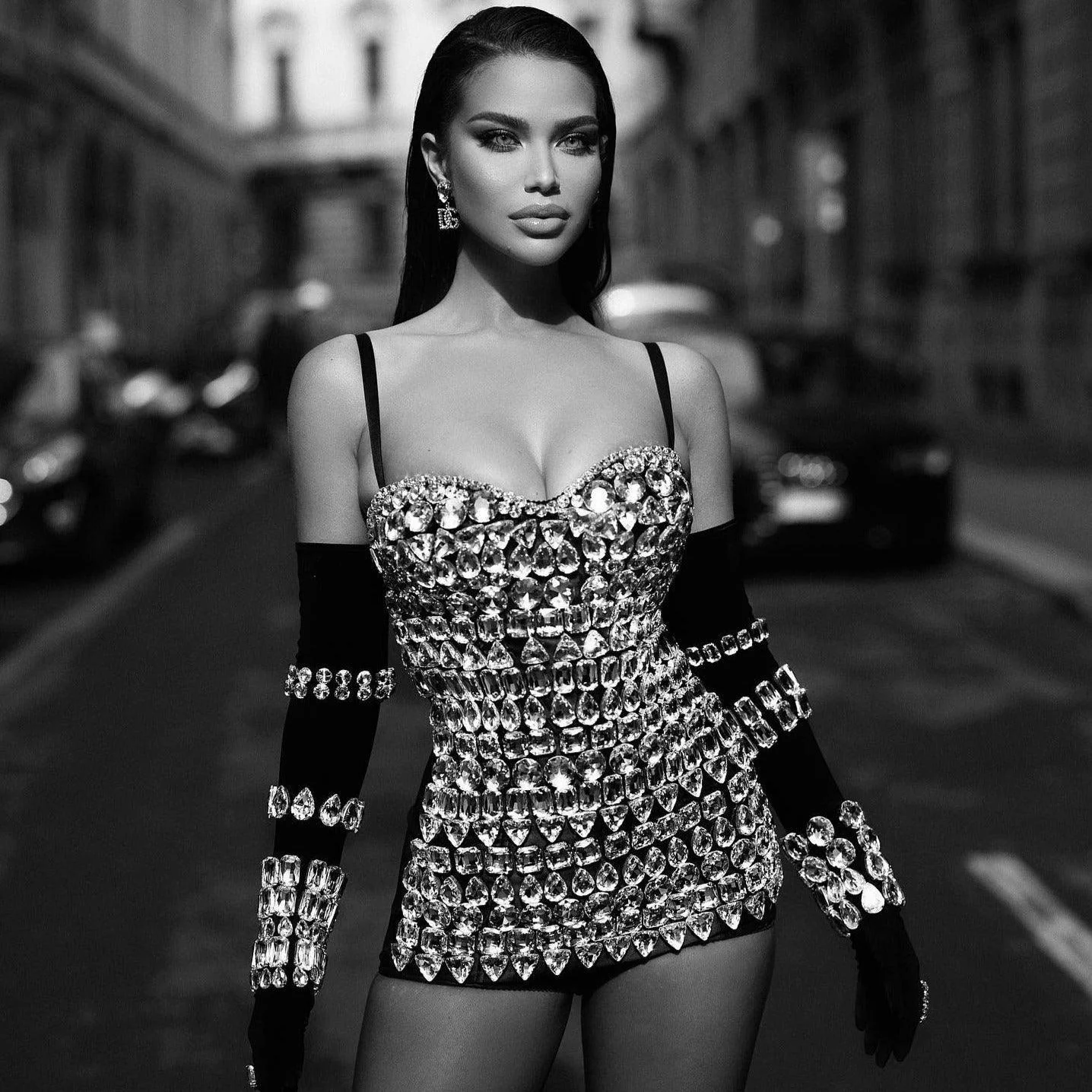 Crystal Embellished Mini Dress with Gloves