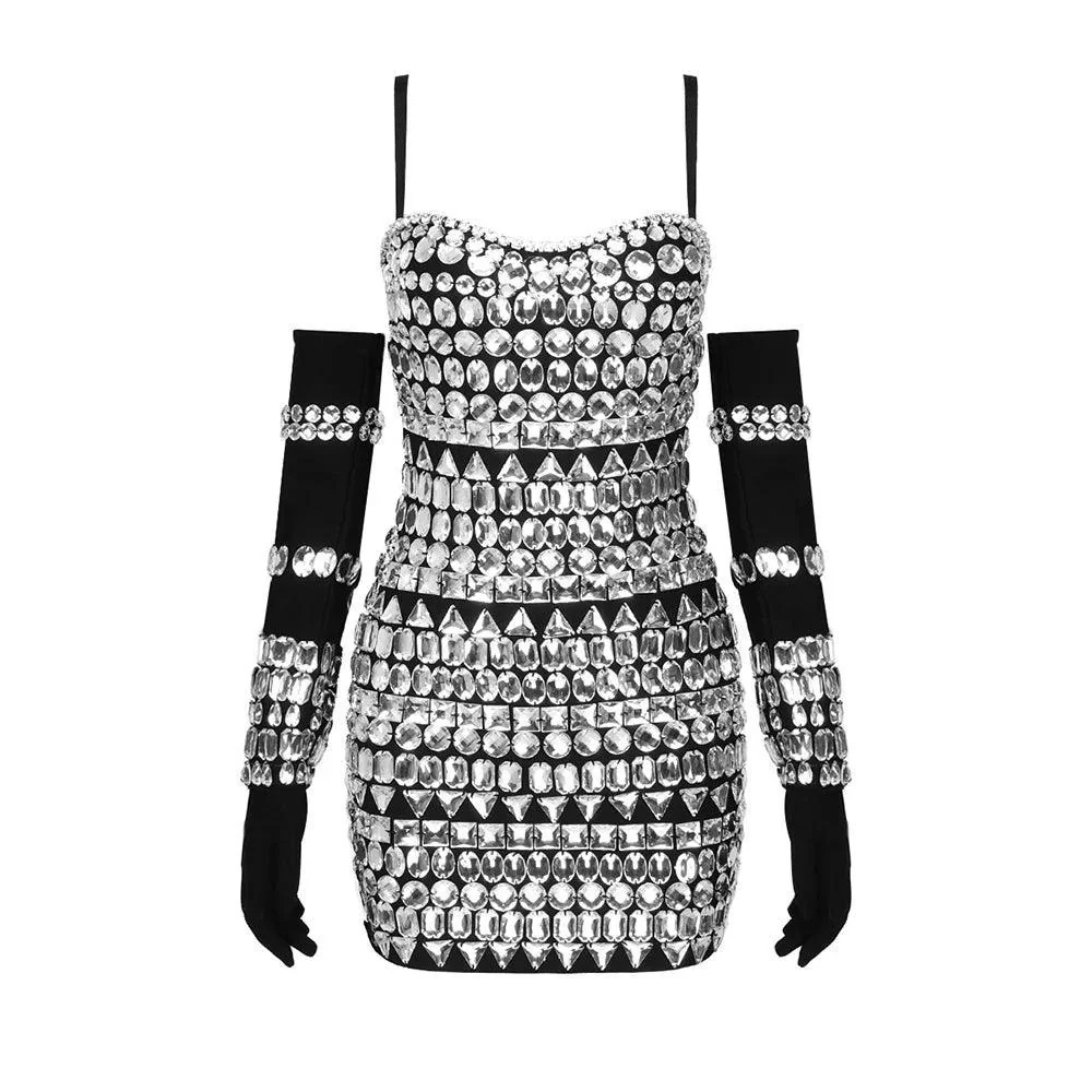 Crystal Embellished Mini Dress with Gloves