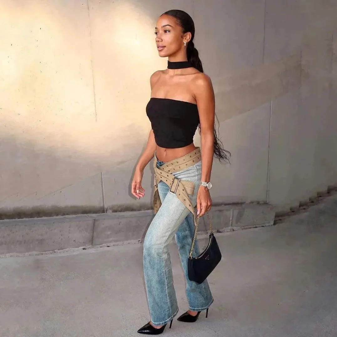 Vintage Stonewash Strap-Up Denim Jeans