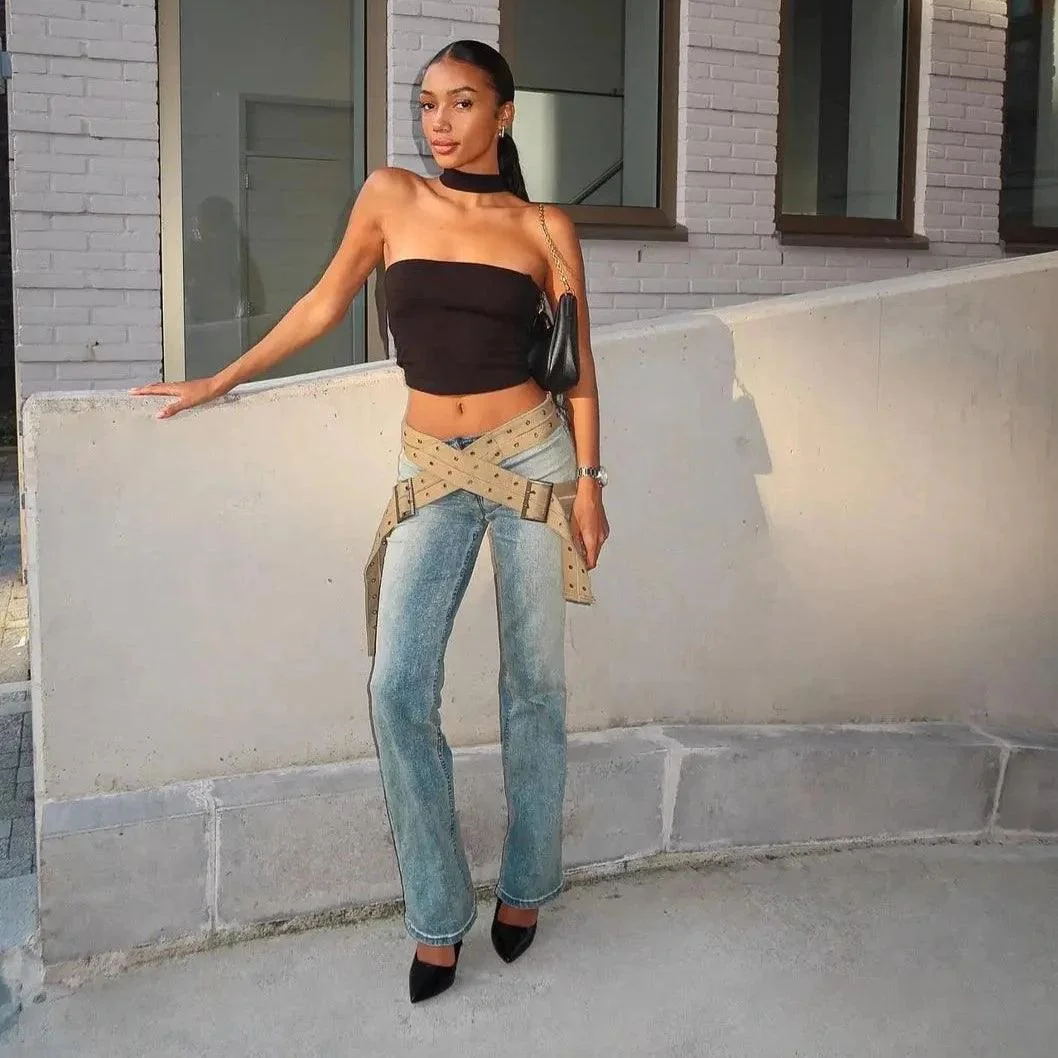 Vintage Stonewash Strap-Up Denim Jeans