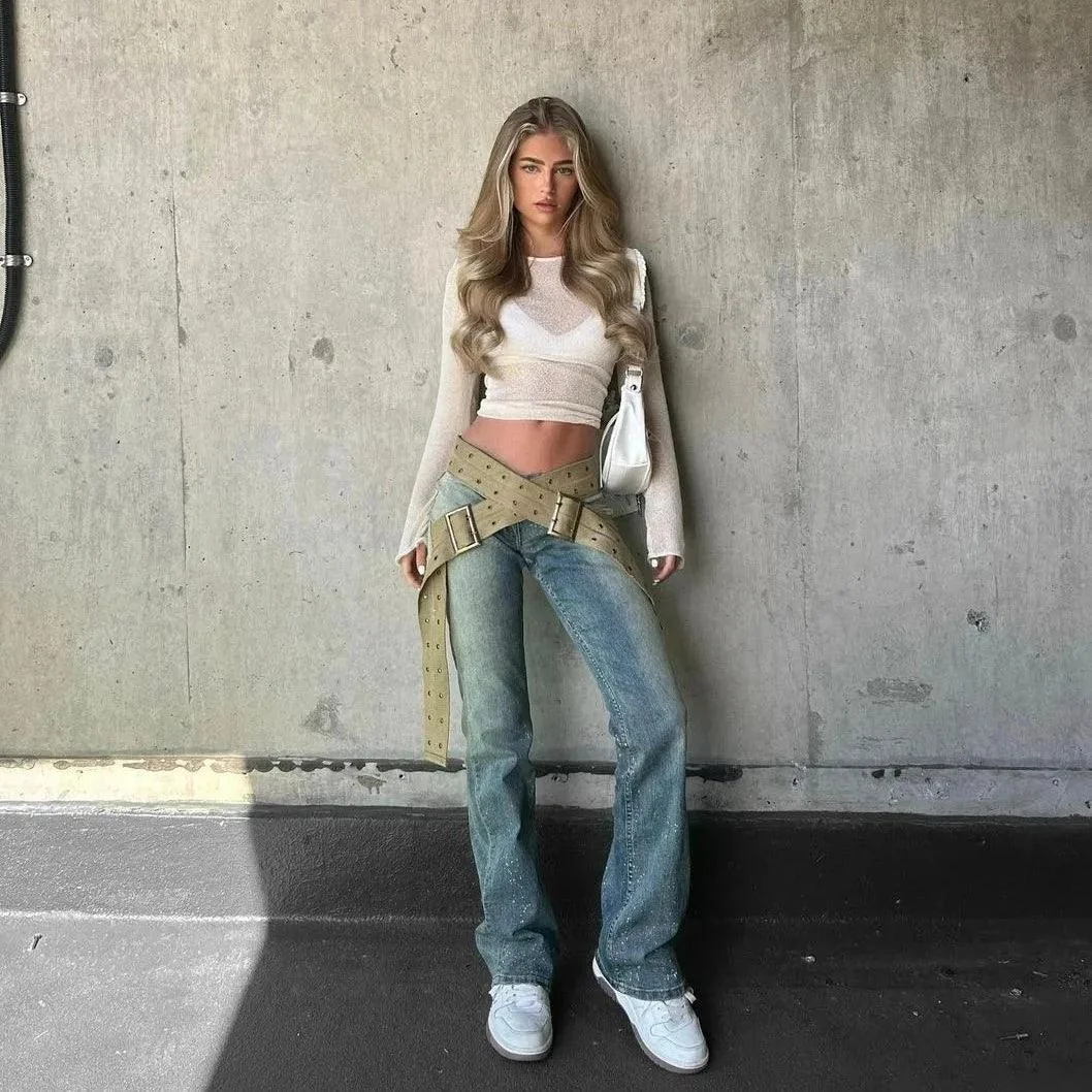 Vintage Stonewash Strap-Up Denim Jeans