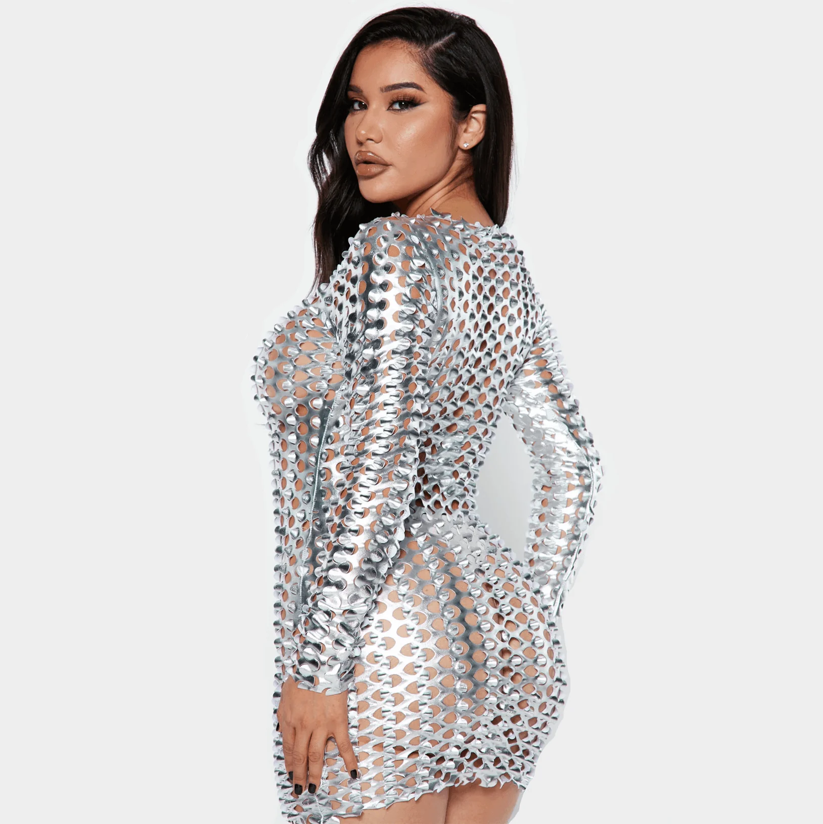 Metallic High Neck Long Sleeve Cut Out Mini Dress