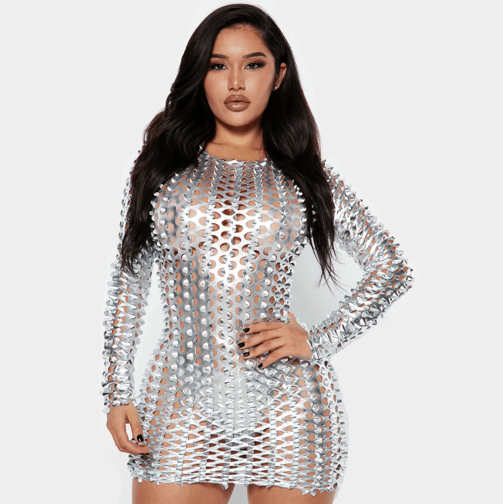 Metallic High Neck Long Sleeve Cut Out Mini Dress