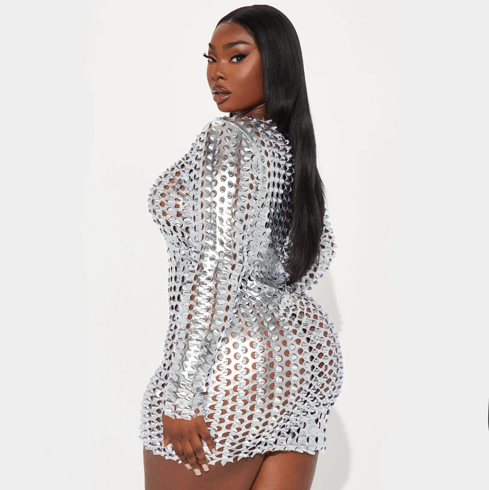 Metallic High Neck Long Sleeve Cut Out Mini Dress