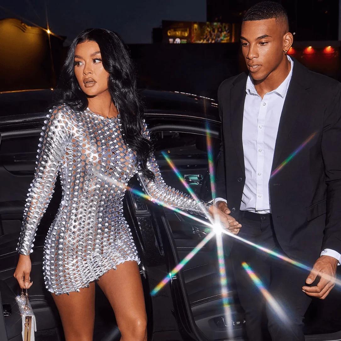 Metallic High Neck Long Sleeve Cut Out Mini Dress