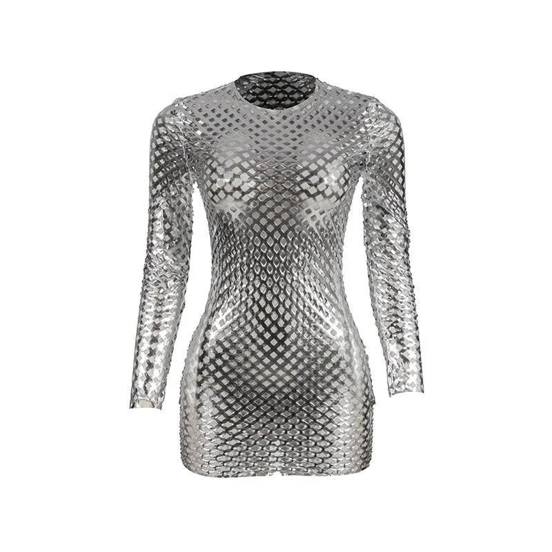 Sophisticated Cut-Out Mini Dress Silver Polyester Spandex Blend