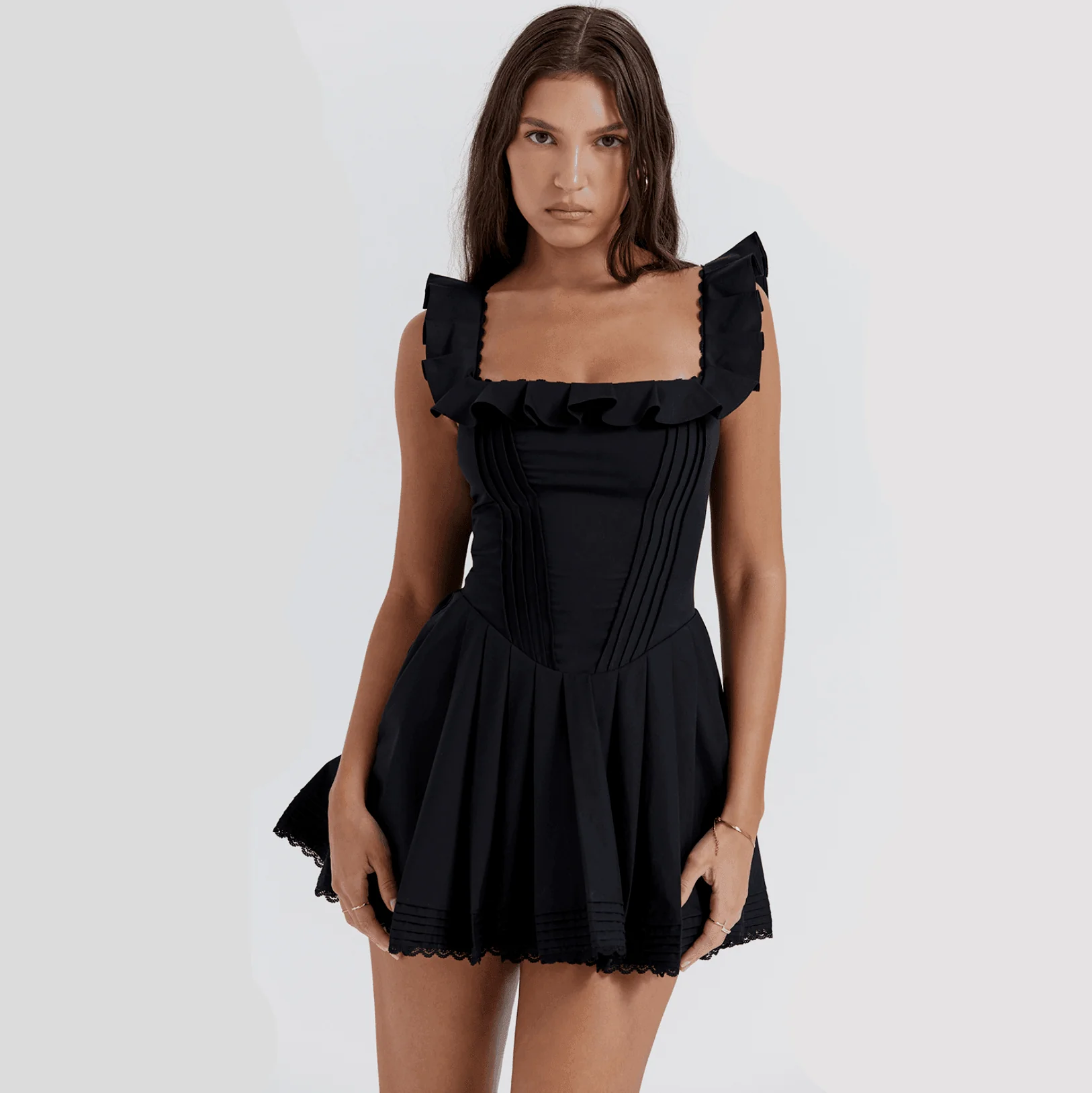 Elegant Black Pleated Corset Mini Dress