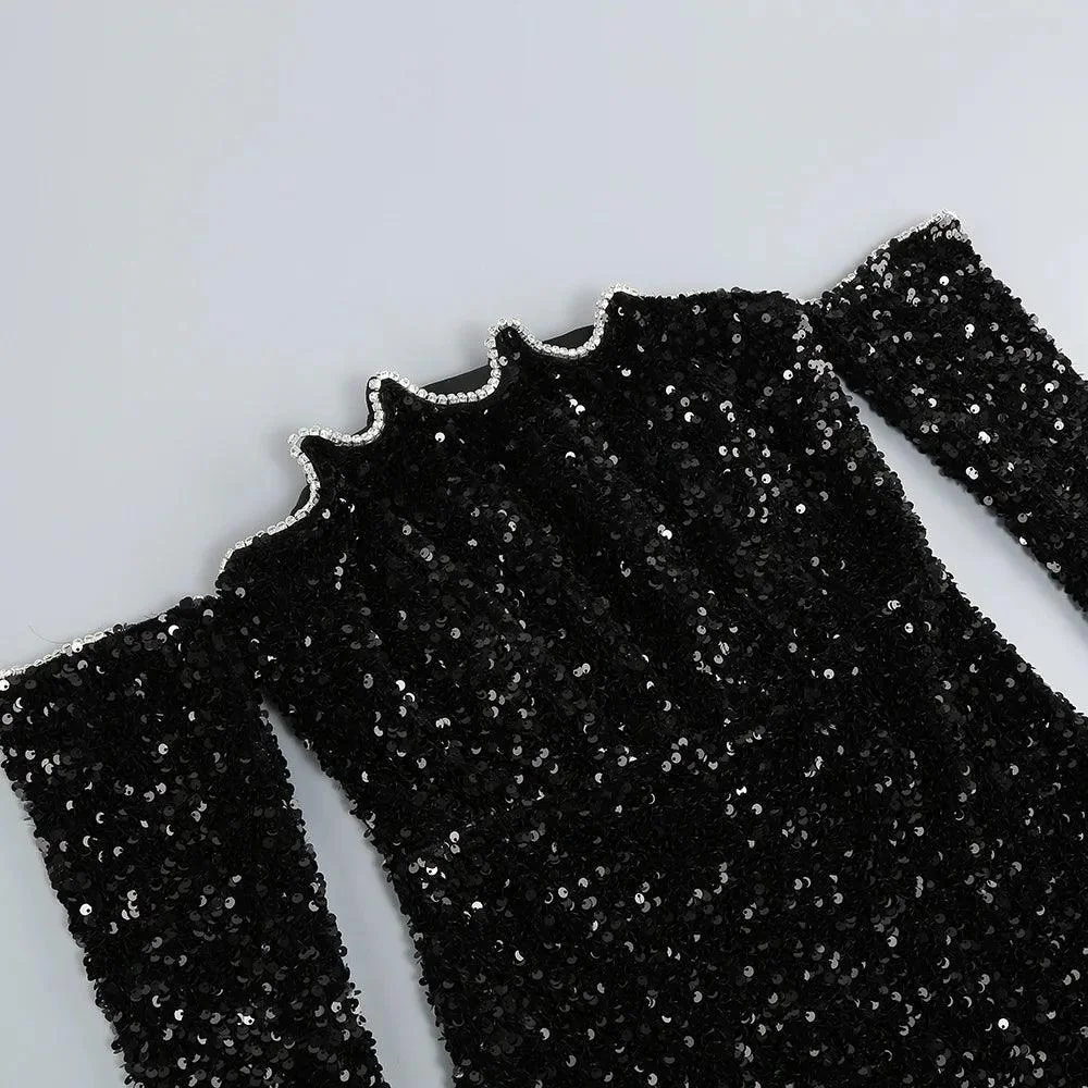 Sparkling Mesh Sequins Mini Dress in Black