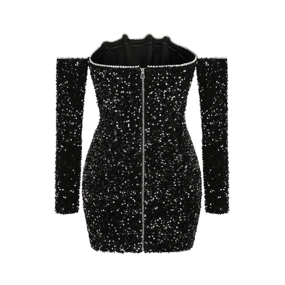 Sparkling Mesh Sequins Mini Dress in Black