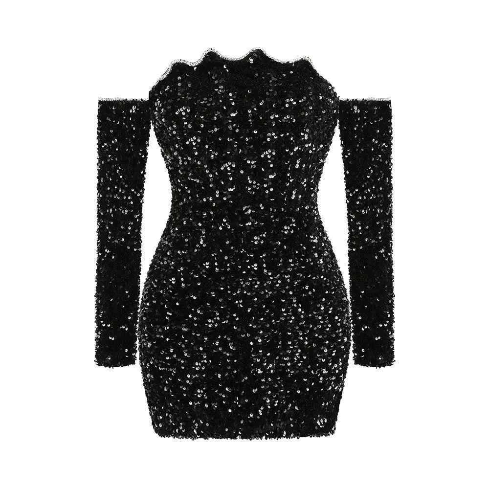 Sparkling Mesh Sequins Mini Dress in Black