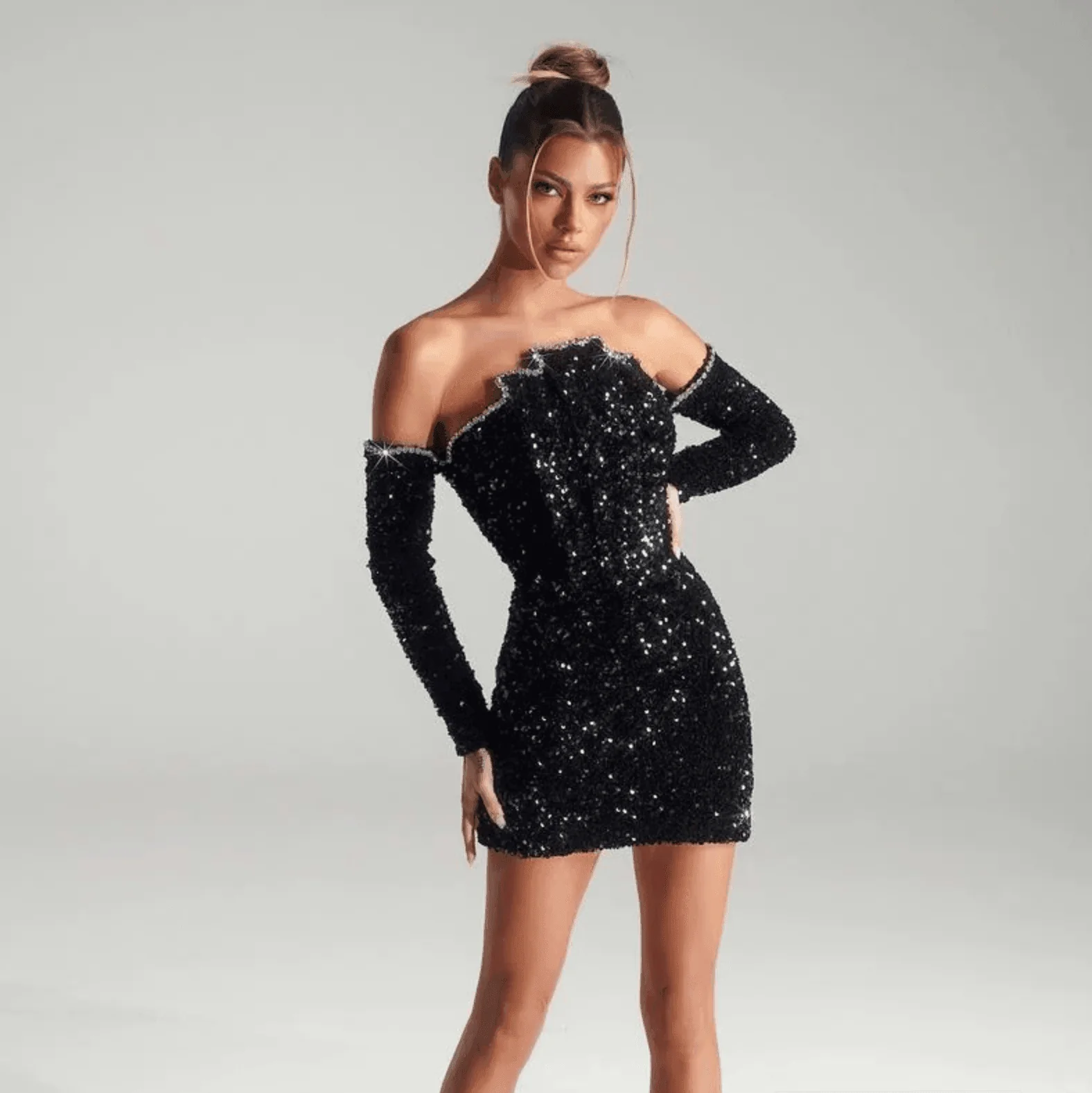 Sparkling Mesh Sequins Mini Dress in Black
