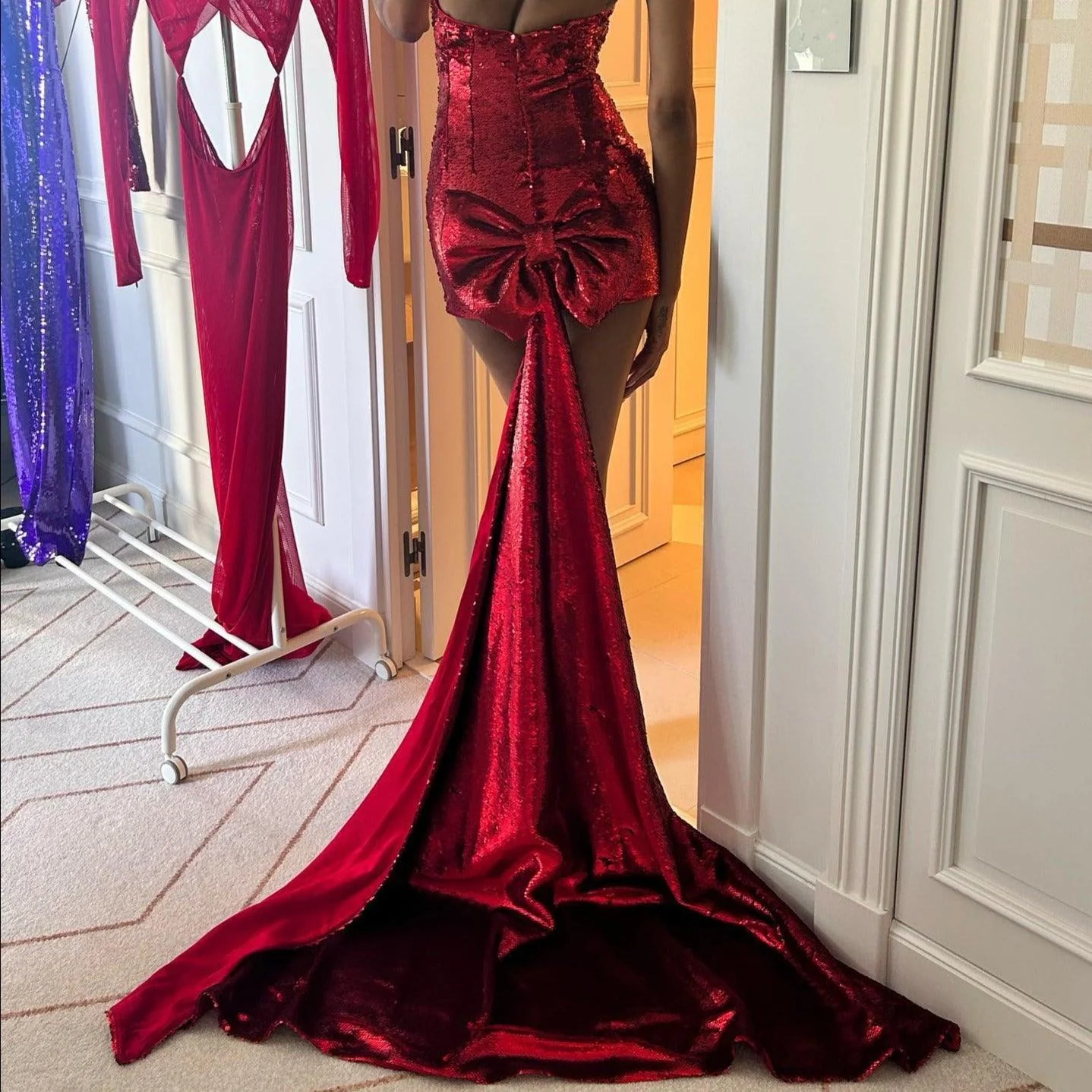 Sequin Big Bow Mini Dress - Festive Sparkling Red Dress