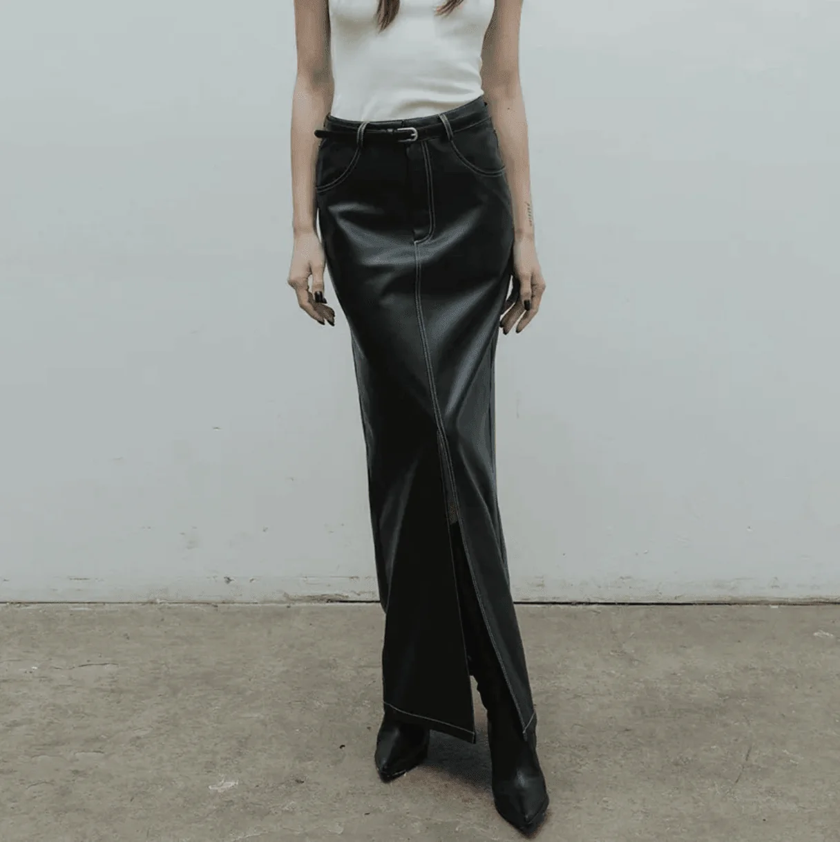 Chic Black Faux Leather Maxi Skirt with Slit
