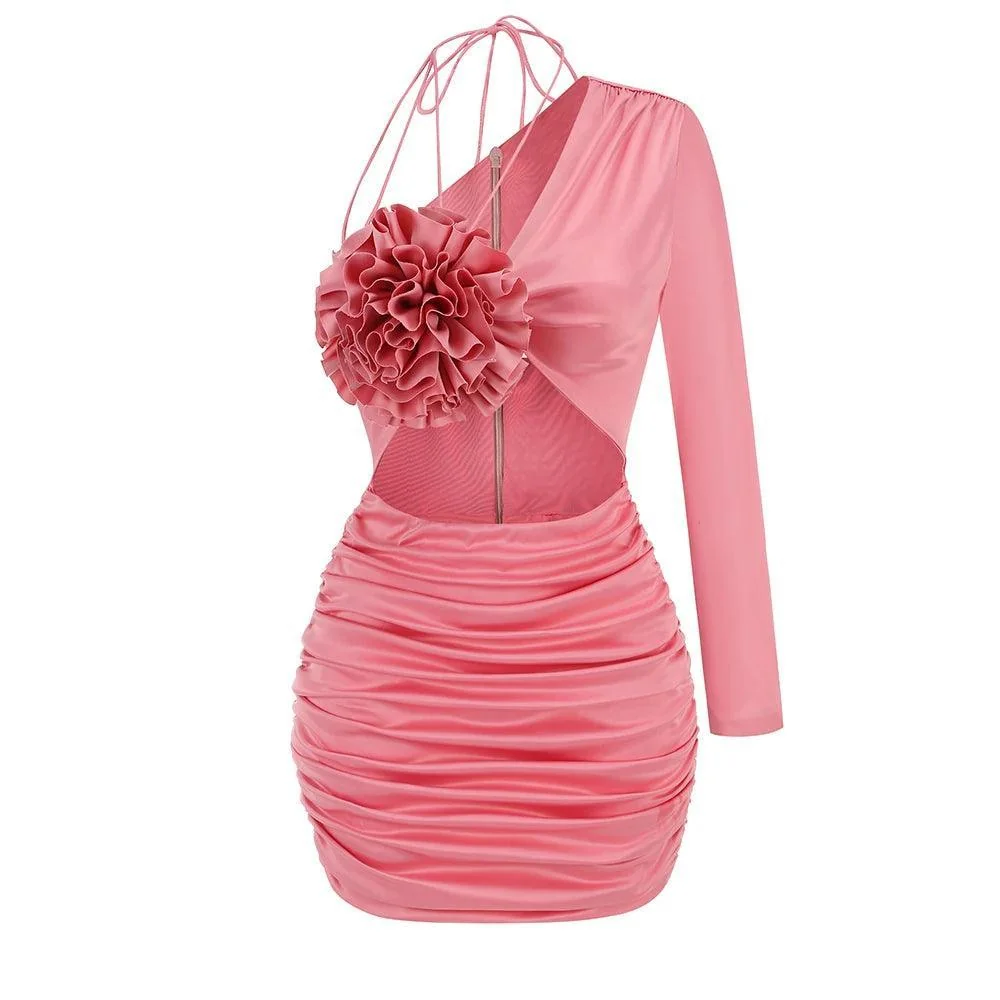 Pink One Shoulder Satin Mini Dress