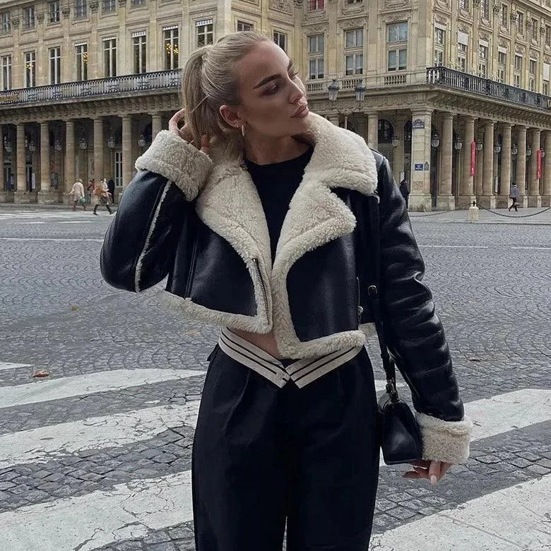 Cozy Black Lambswool Lapel Jacket for Stylish Comfort