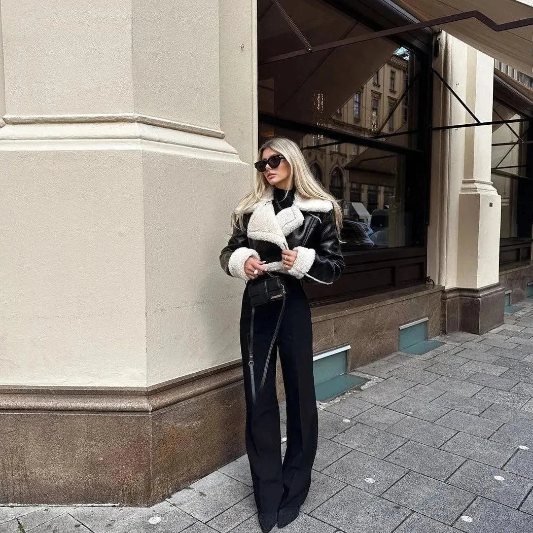 Cozy Black Lambswool Lapel Jacket for Stylish Comfort