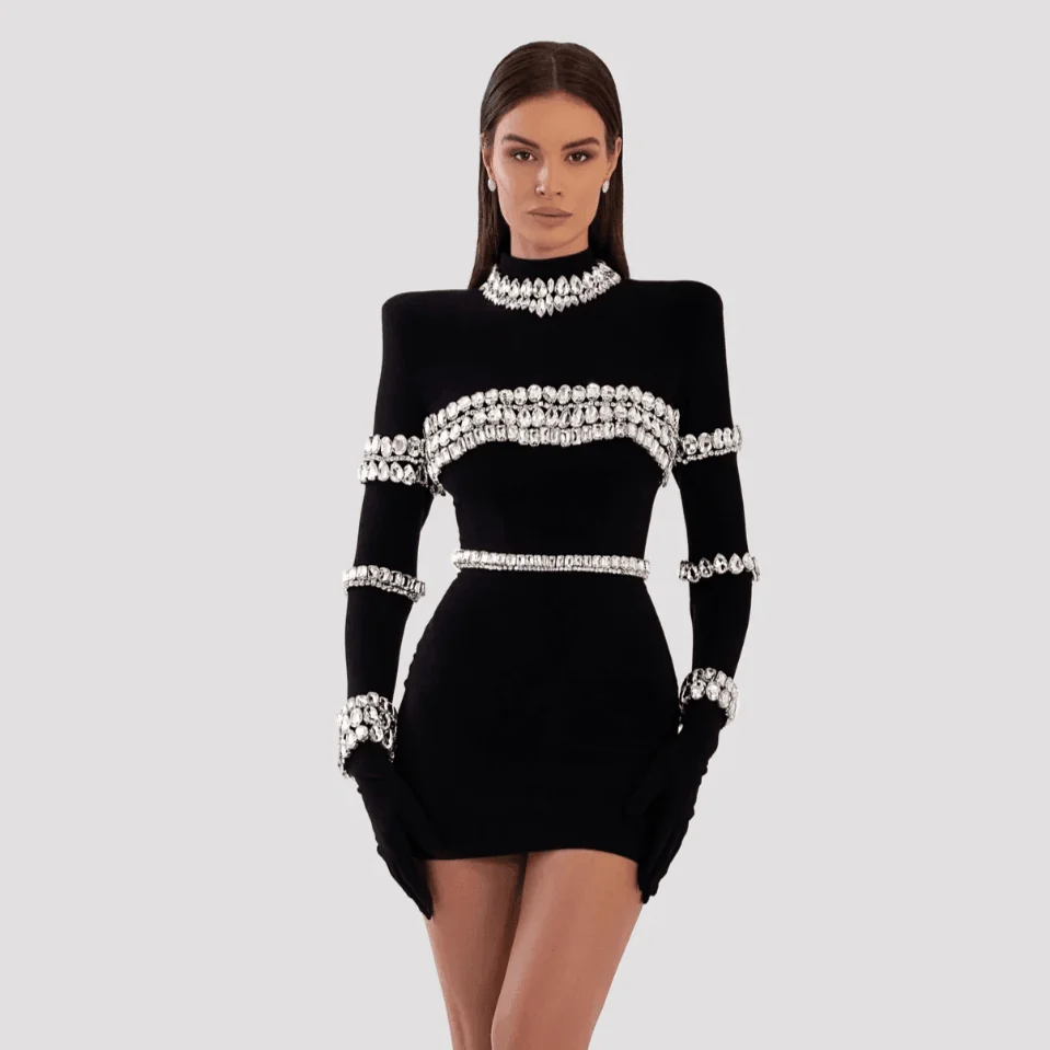 Glamorous Crystal Embellished Long Sleeve Mini Dress