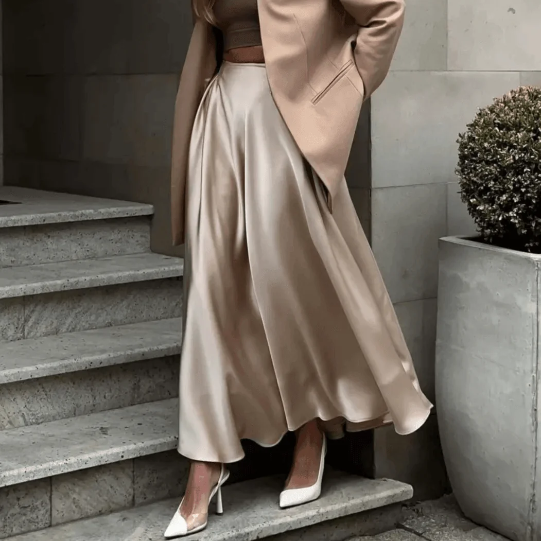 Champagne Satin Maxi Skirt - Elegant High Waist Flare Skirt
