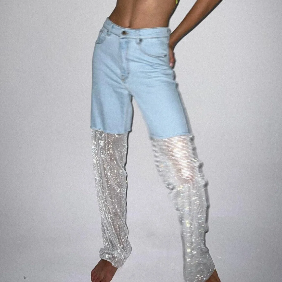 Crystal Mesh Wide Leg Jeans - Elegant Diamond Design
