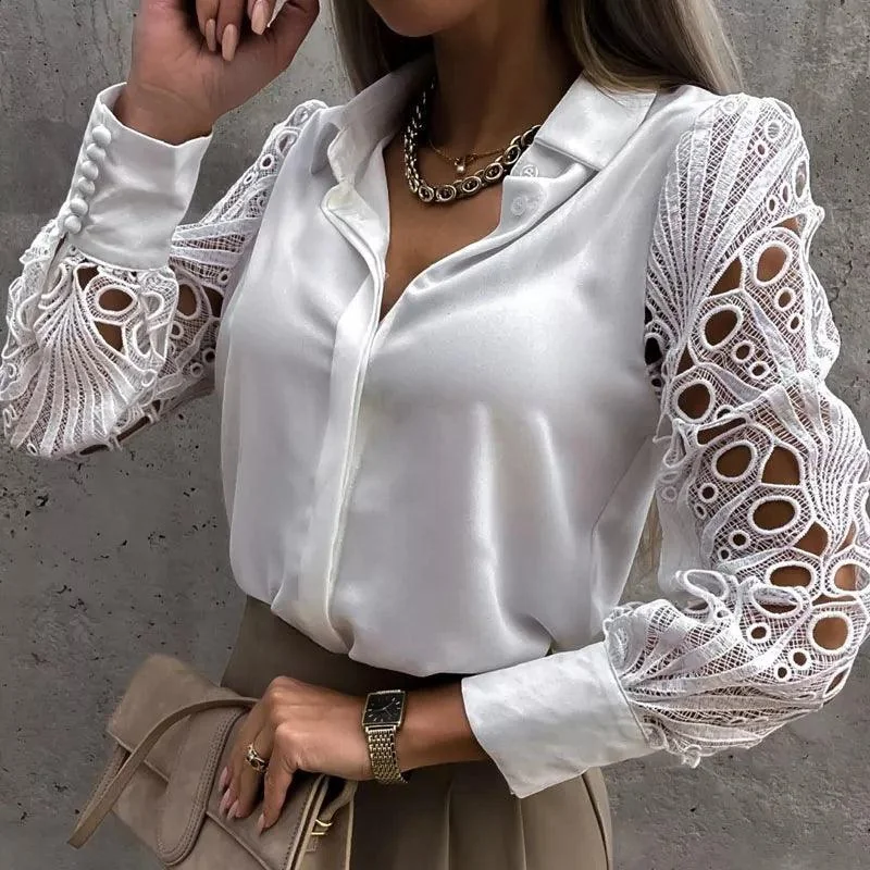 Elegant Satin Lace Shirt - Sophisticated White & Black Blouse