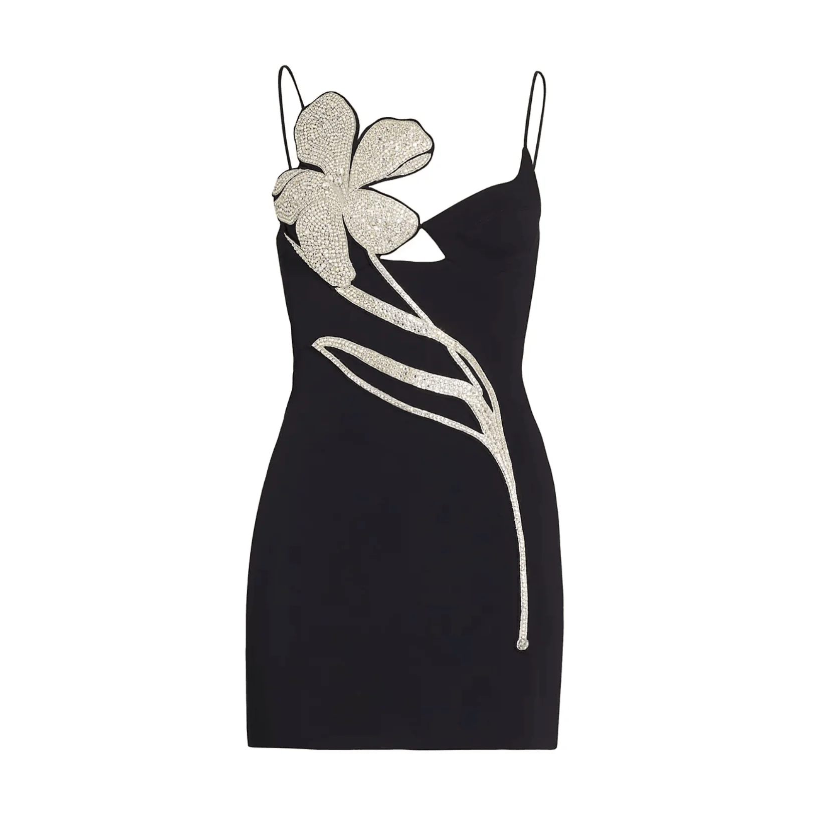 Floral Appliqué Black Mini Dress with V-Neck and Spaghetti Straps