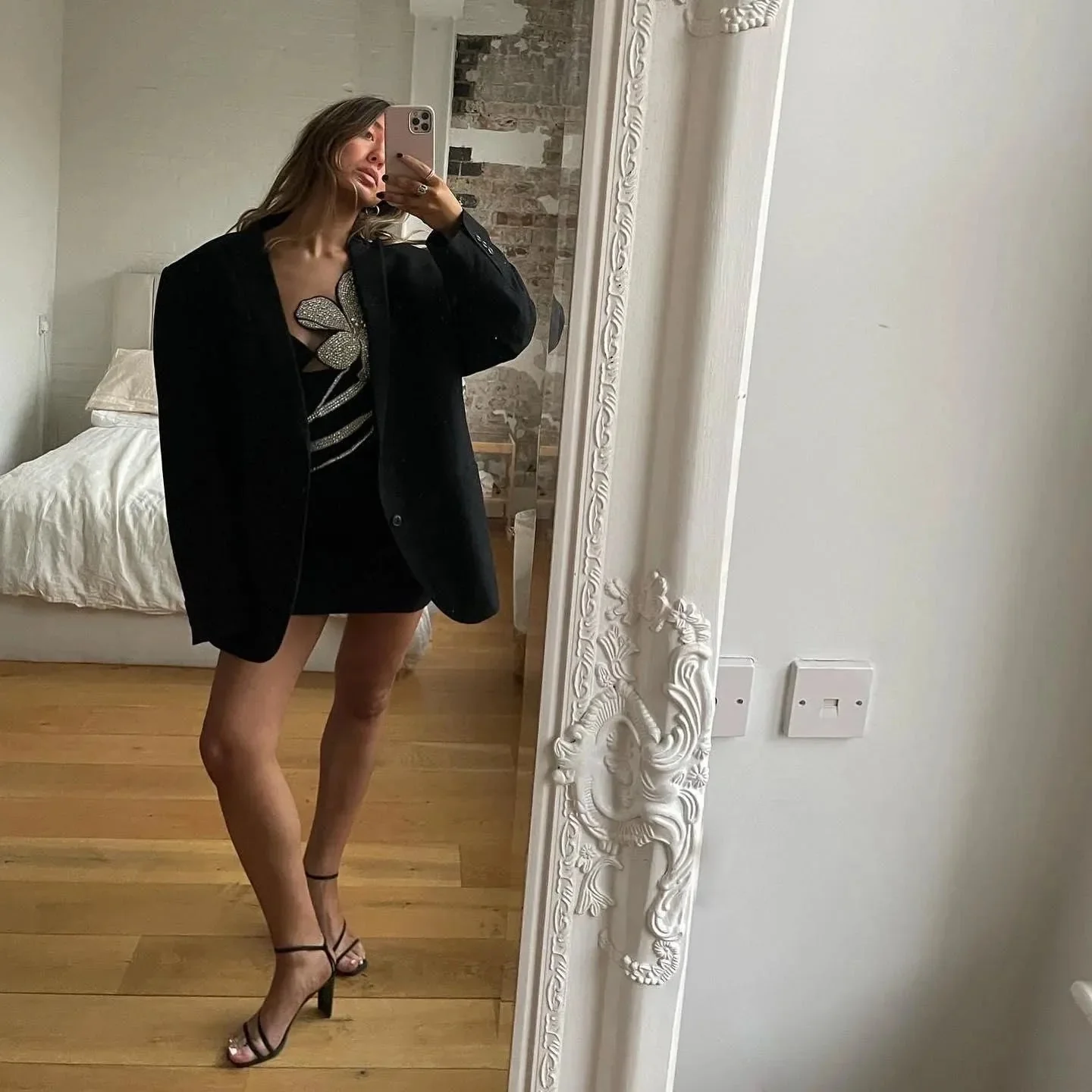 Floral Appliqué Black Mini Dress with V-Neck and Spaghetti Straps