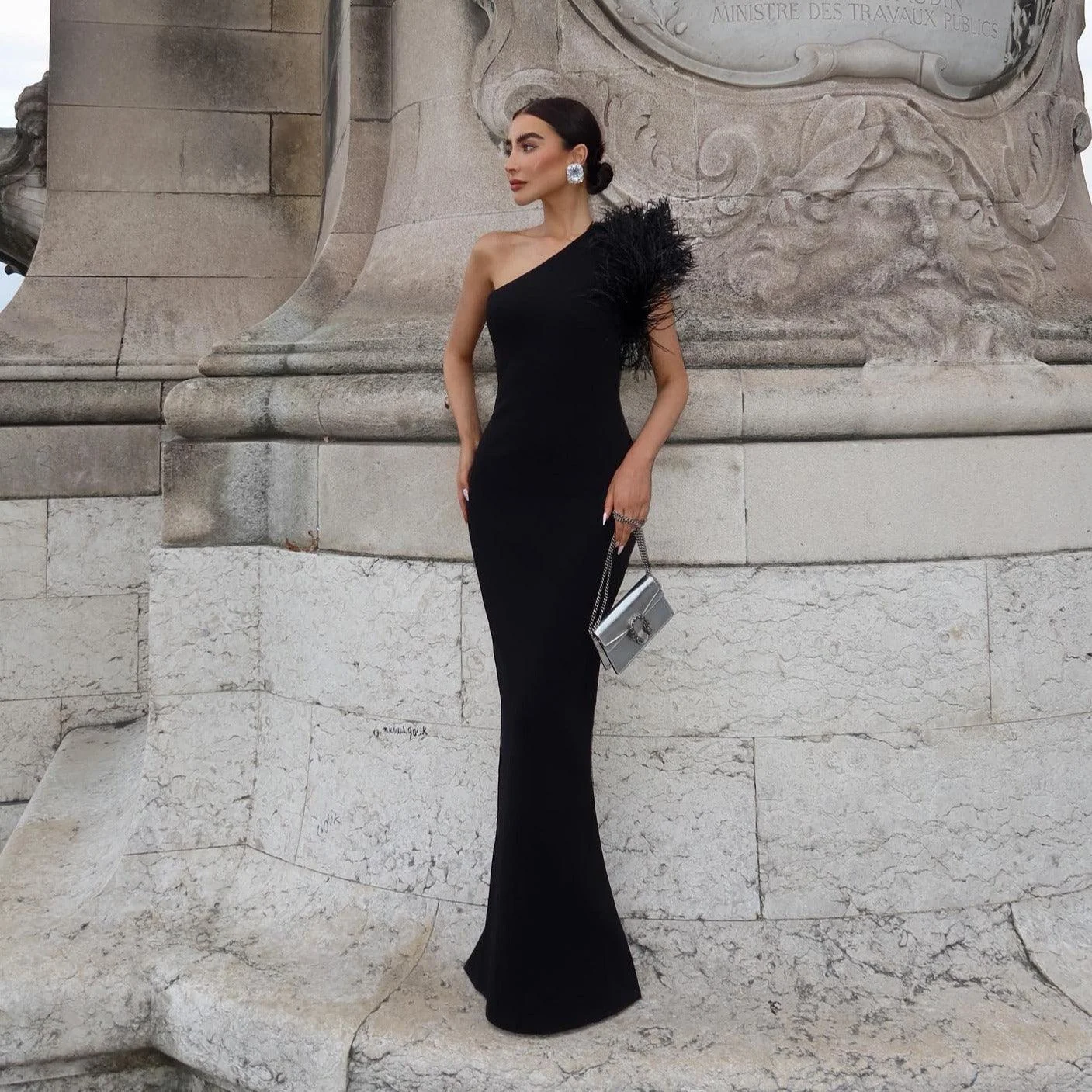 Elegant One-Shoulder Feather Maxi Dress Black