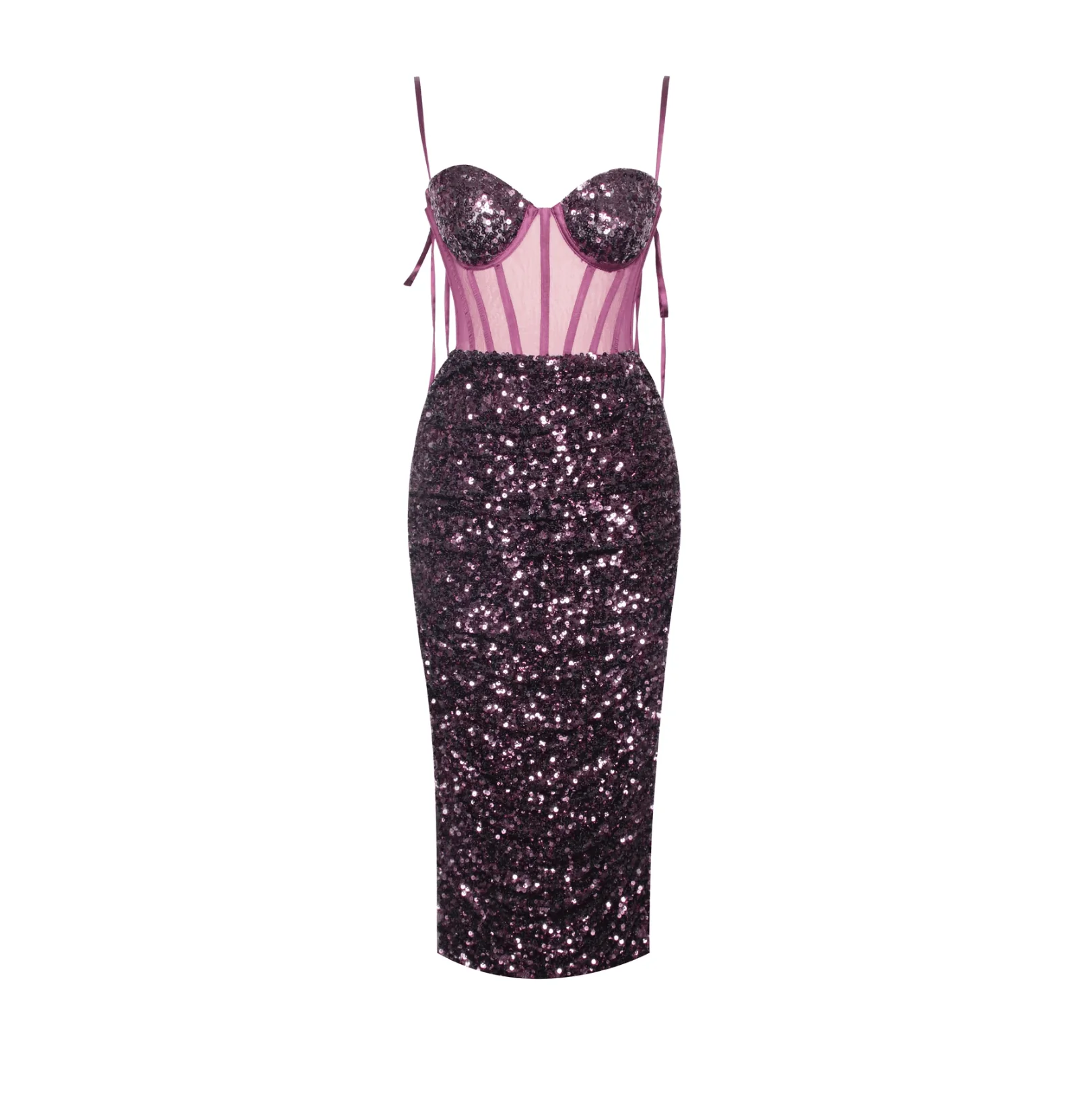 Sequined Corset Midi Dress in Glamorous Purple and Gold