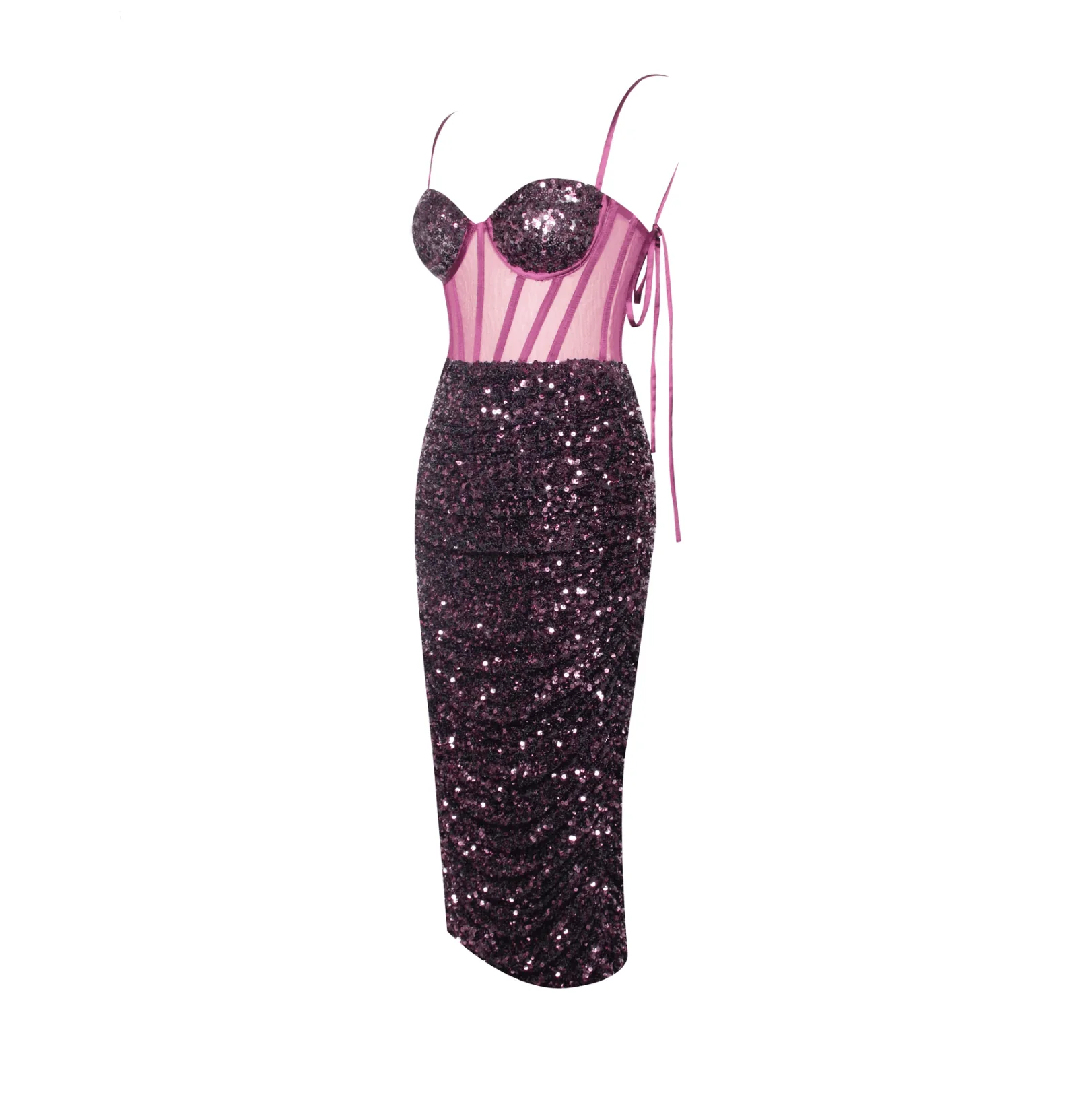 Sequined Corset Midi Dress in Glamorous Purple and Gold