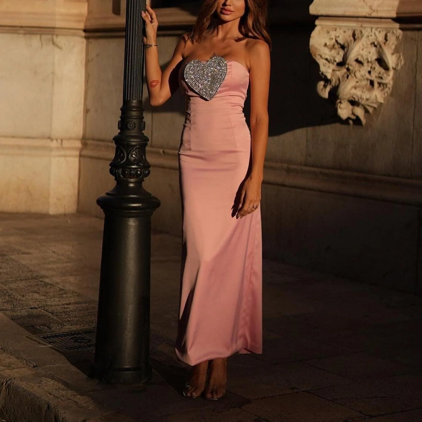 Pink Crystal Heart Maxi Dress