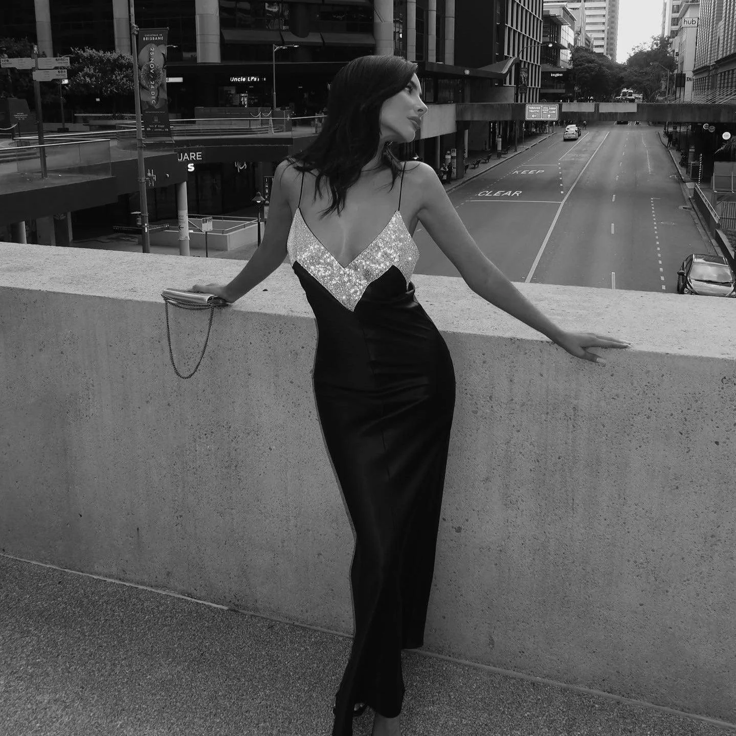 Elegant Crystal Embellished Maxi Dress in Black