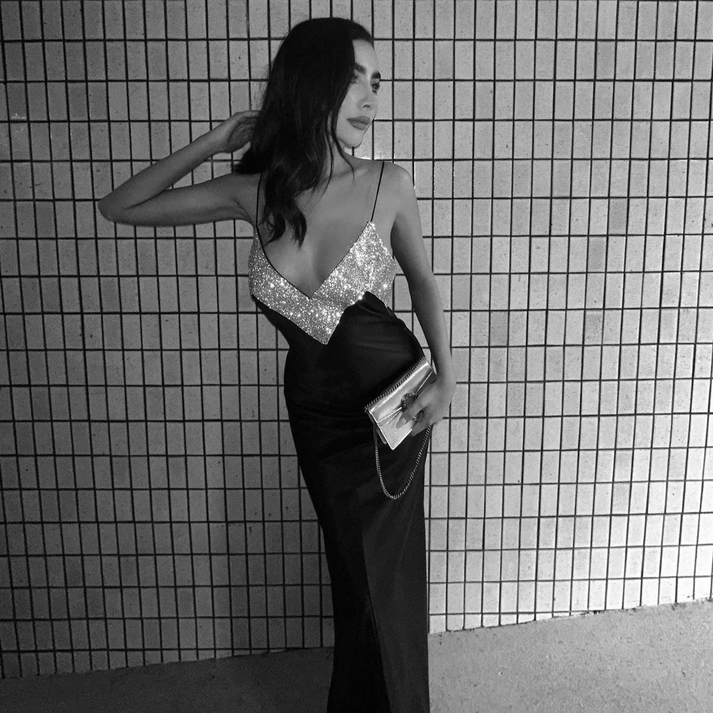 Elegant Crystal Embellished Maxi Dress in Black