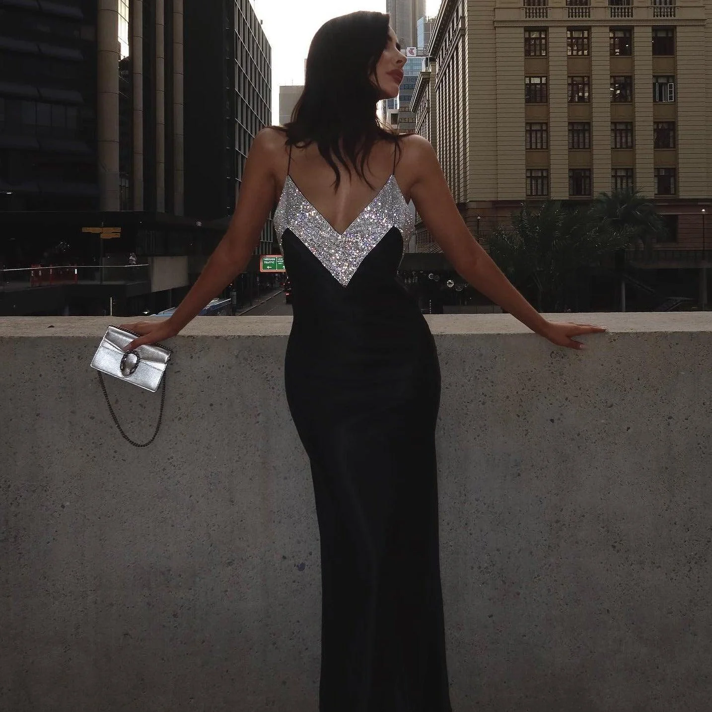 Elegant Crystal Embellished Maxi Dress in Black