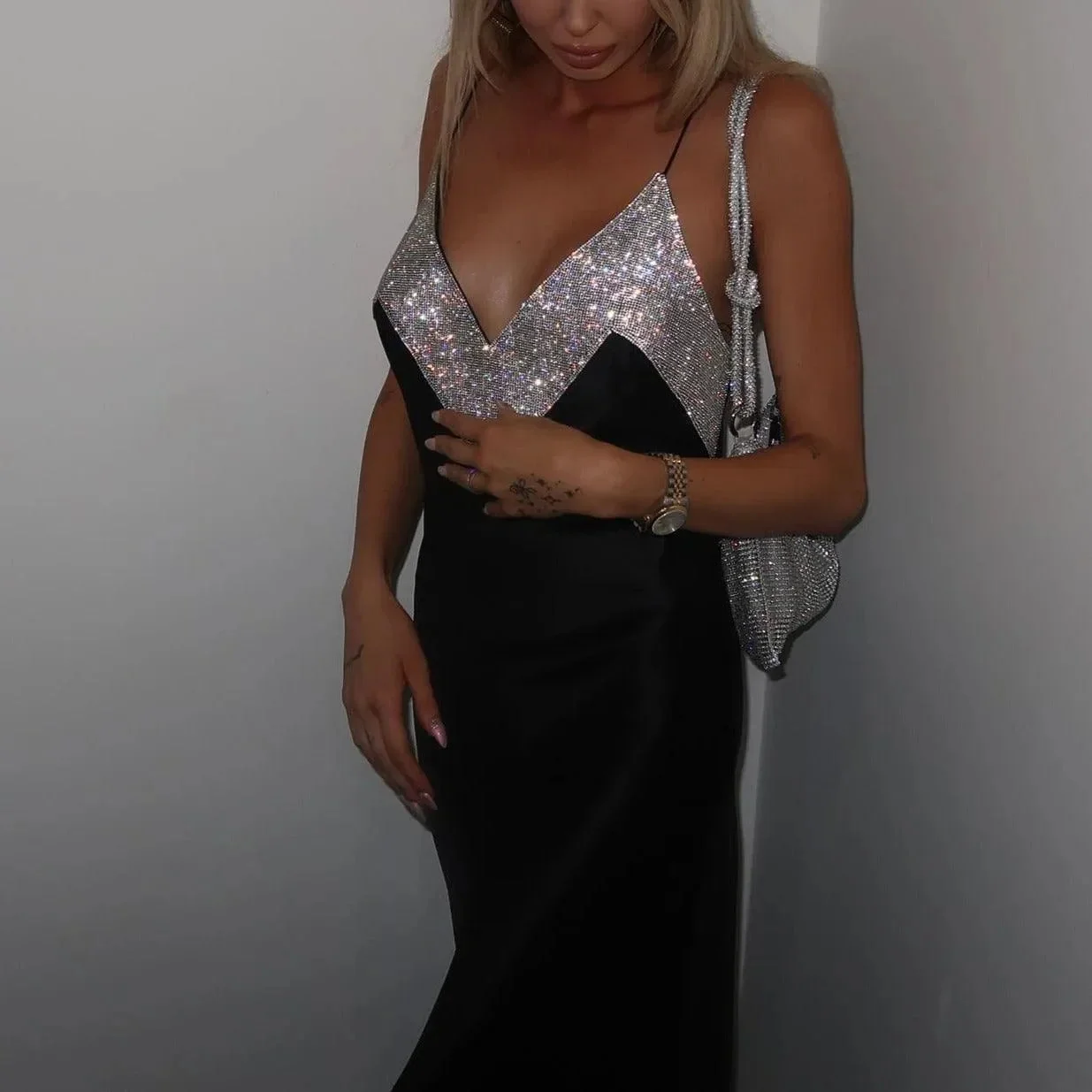 Elegant Crystal Embellished Maxi Dress in Black