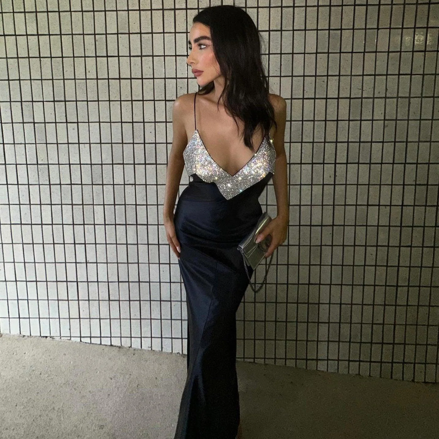 Elegant Crystal Embellished Maxi Dress in Black