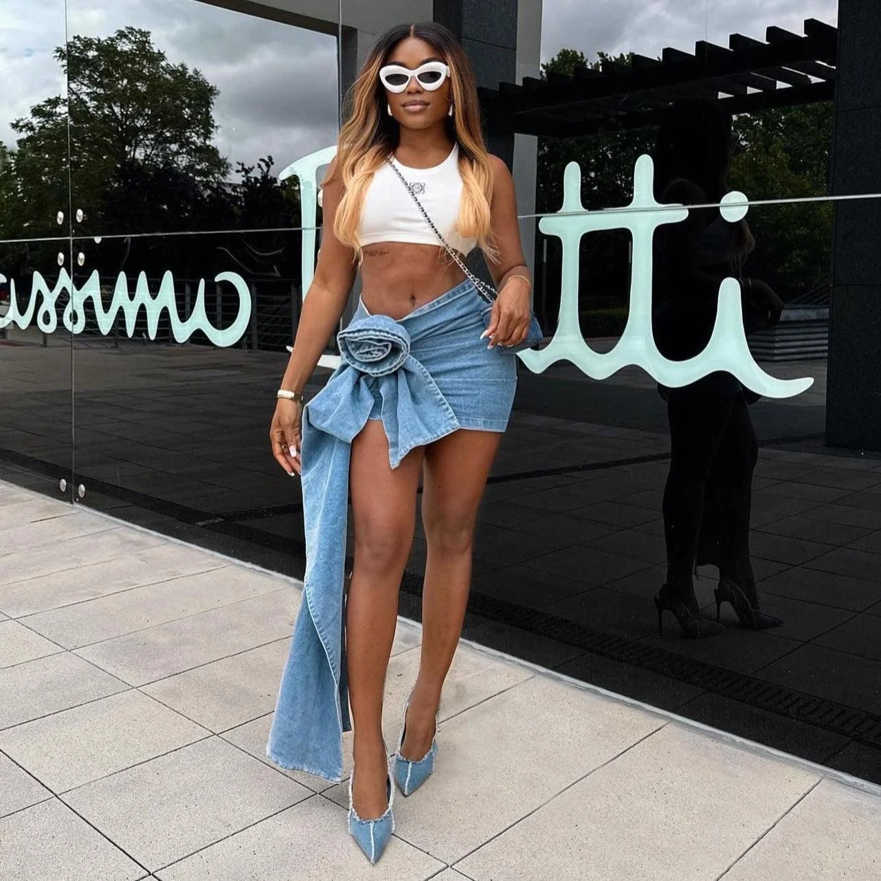 Asymmetric Blue Denim Mini Skirt